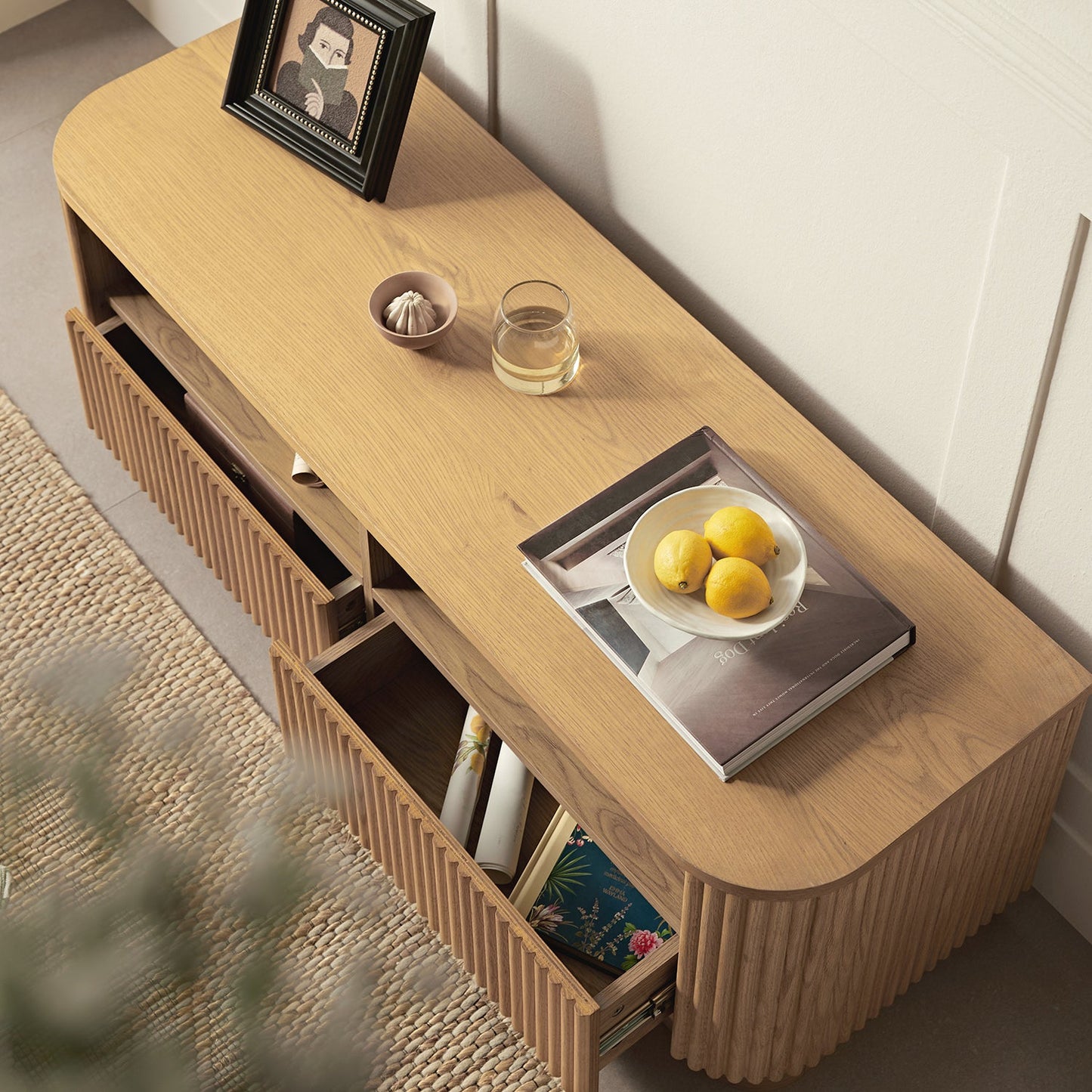 Maru 47" Wide Media Unit with Drawers, Oak